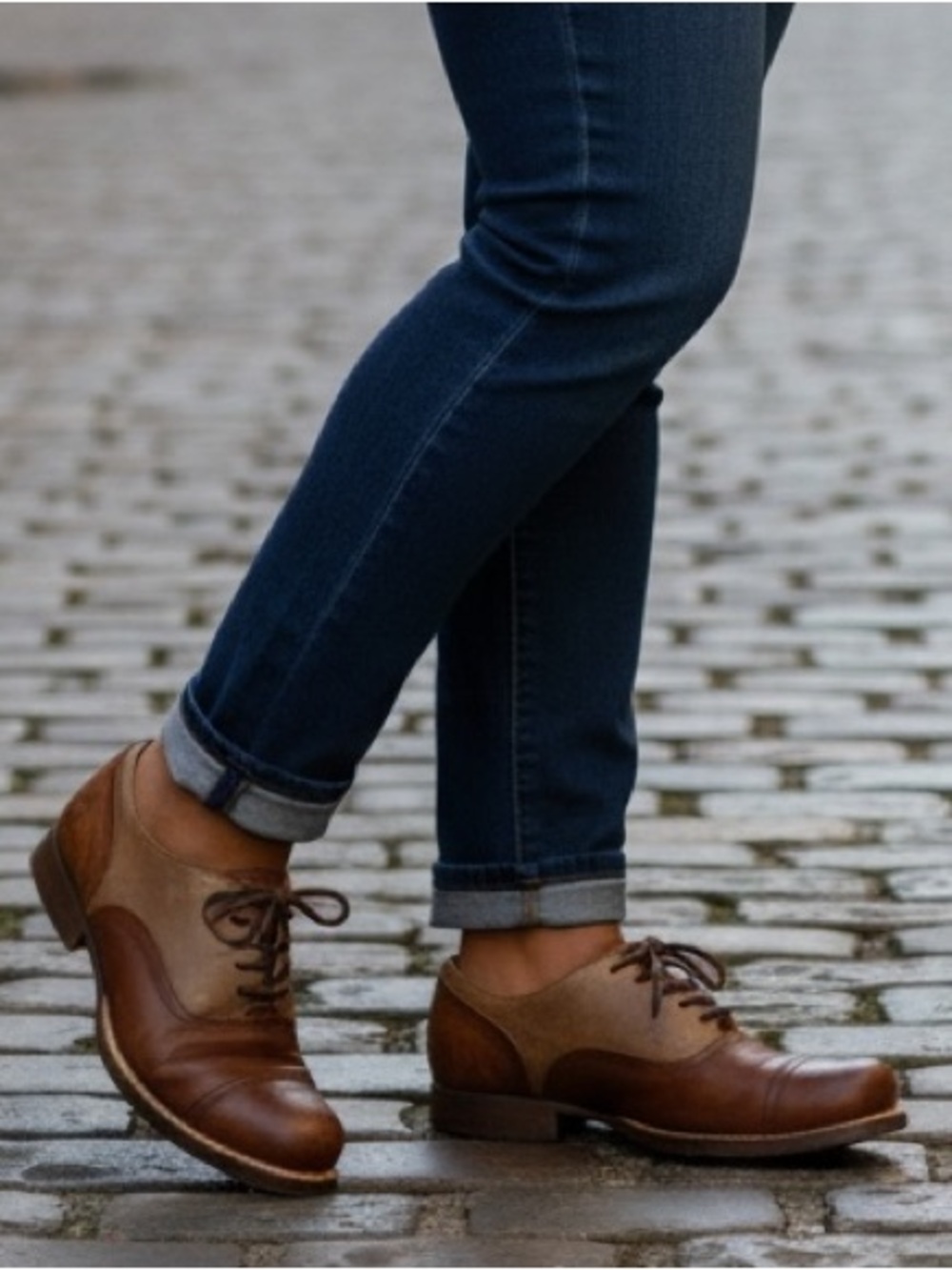John Fluevog Brown and Gold Envision Ward contrast capped toe Oxfords